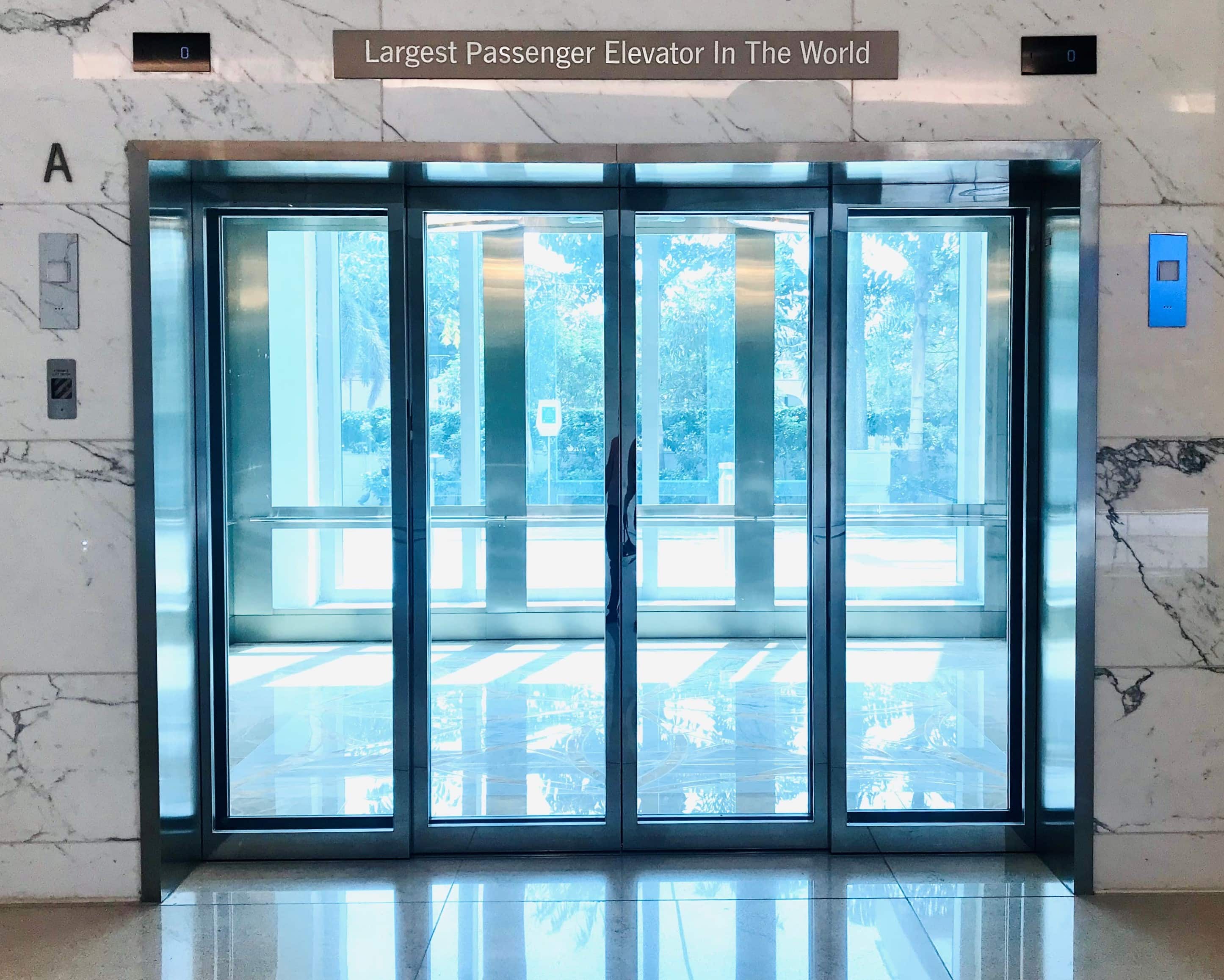 The record-breaking elevator can transport up to 235 people at once and offers all-round scenic views.